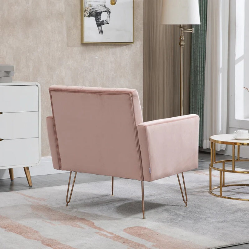 COOLMORE Velvet Armchair Single Sofa Modern Tufted Upholstered Side Reading Chairs with Arm and Gold Metal Leg for Living Room Bedroom (Pink)-海智集-Default-