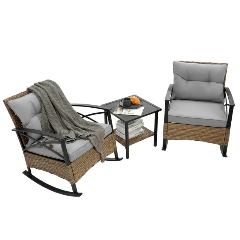 3pcs rocking rattan set wholesale leisure chair outdoor rattan rocking chair set grey-海智集-Default-