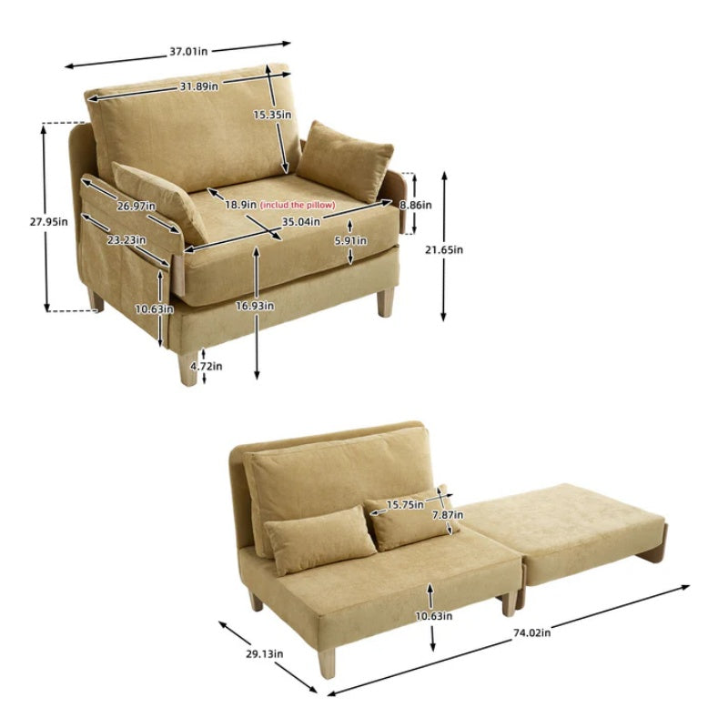 Mid-Century Modern Foldable Sofa Bed Recliner, 3-in-1 Convertible Sleeper with Three Pillows, Mustard Yellow Chenille-海智集-Default-