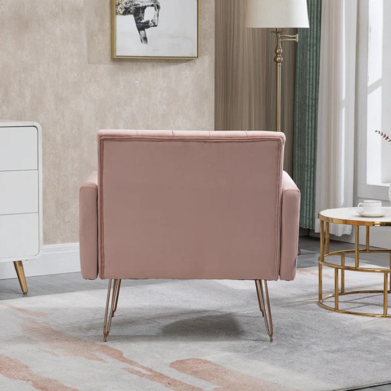 COOLMORE Velvet Armchair Single Sofa Modern Tufted Upholstered Side Reading Chairs with Arm and Gold Metal Leg for Living Room Bedroom (Pink)-海智集-Default-