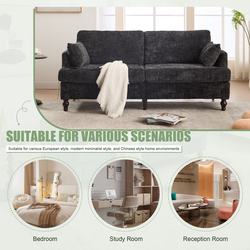 Modern Style Chenille 2-Seater Sofa with LED Light, USB Port and Storage Bag in Black-海智集-Default-