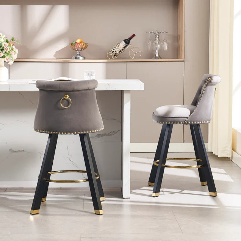 COOLMORE Set of 2,Back pull point design, velvet material, 360 degree rotation, back pull loop detachable design, rivet decoration, square foot wooden bar chair-海智集-Default-