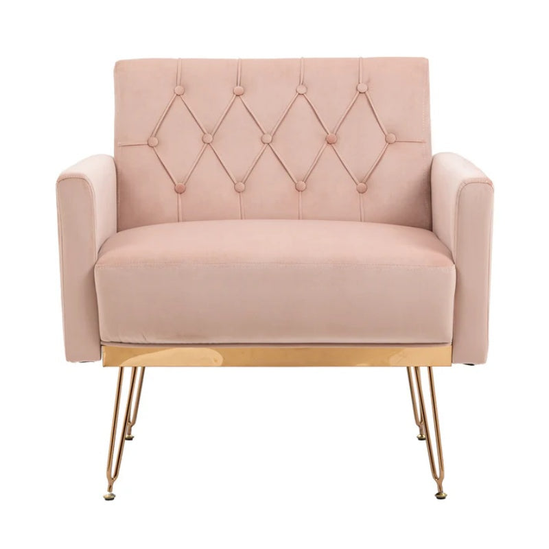 COOLMORE Velvet Armchair Single Sofa Modern Tufted Upholstered Side Reading Chairs with Arm and Gold Metal Leg for Living Room Bedroom (Pink)-海智集-Default-