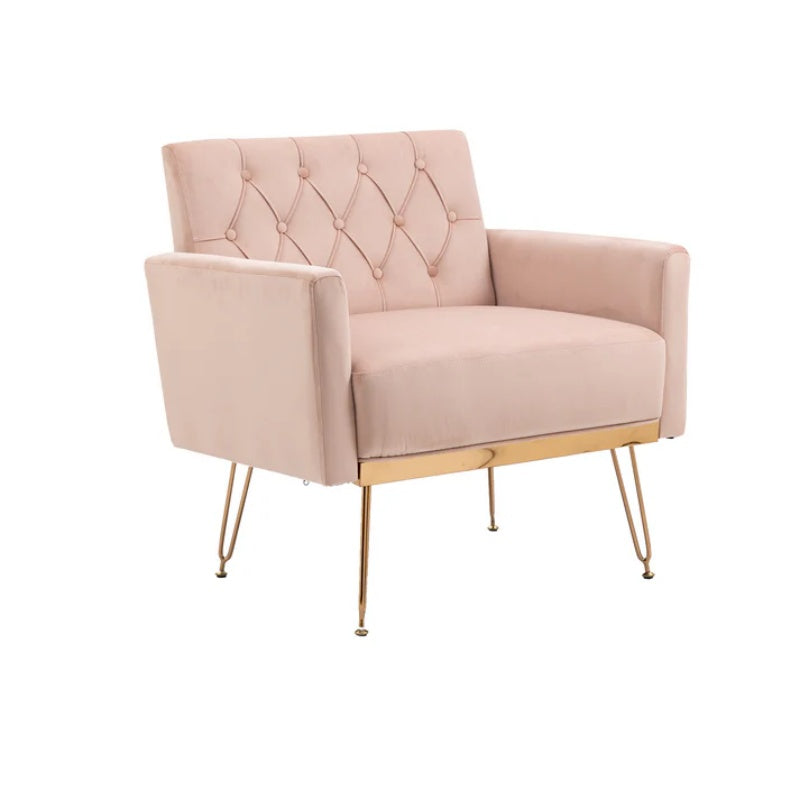 COOLMORE Velvet Armchair Single Sofa Modern Tufted Upholstered Side Reading Chairs with Arm and Gold Metal Leg for Living Room Bedroom (Pink)-海智集-Default-