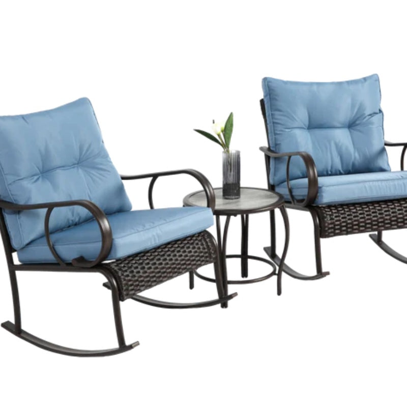 3 Pieces Patio Furniture Set Rocking Bistro Set Outdoor Rattan Conversation with Coffee Table for Garden Balcony Backyard Poolside-海智集-Default-