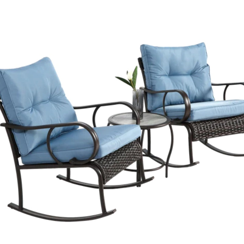 3 Pieces Patio Furniture Set Rocking Bistro Set Outdoor Rattan Conversation with Coffee Table for Garden Balcony Backyard Poolside-海智集-Default-