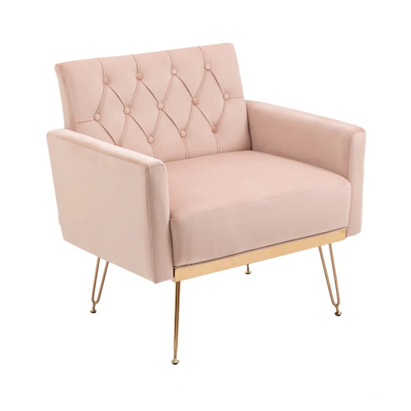 COOLMORE Velvet Armchair Single Sofa Modern Tufted Upholstered Side Reading Chairs with Arm and Gold Metal Leg for Living Room Bedroom (Pink)-海智集-Default-