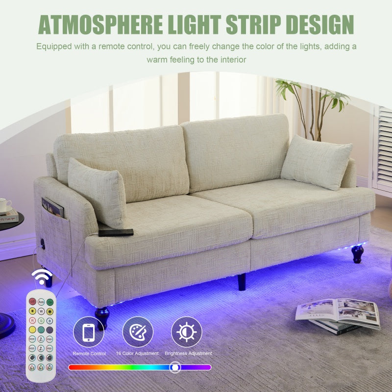 Modern Style Chenille 2-Seater Sofa with LED Light, USB Port, Storage Bag, Wood Legs-海智集-Default-