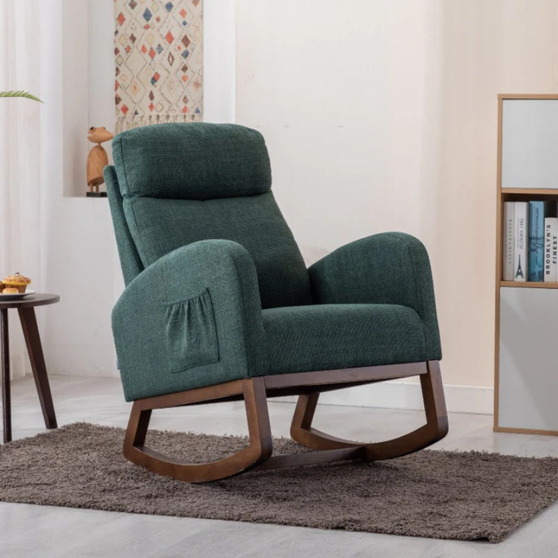 Rocking Chair, Modern Glider Chair, Recliner Armchair with Wood Legs and Side Pocket, Nursery Rocking Accent Chair with High Back for Living Room Bedroom (Emerald linen)-海智集-Default-