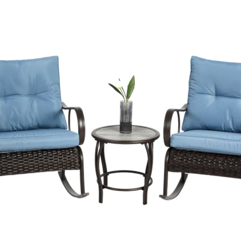 3 Pieces Patio Furniture Set Rocking Bistro Set Outdoor Rattan Conversation with Coffee Table for Garden Balcony Backyard Poolside-海智集-Default-