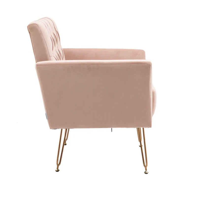 COOLMORE Velvet Armchair Single Sofa Modern Tufted Upholstered Side Reading Chairs with Arm and Gold Metal Leg for Living Room Bedroom (Pink)-海智集-Default-