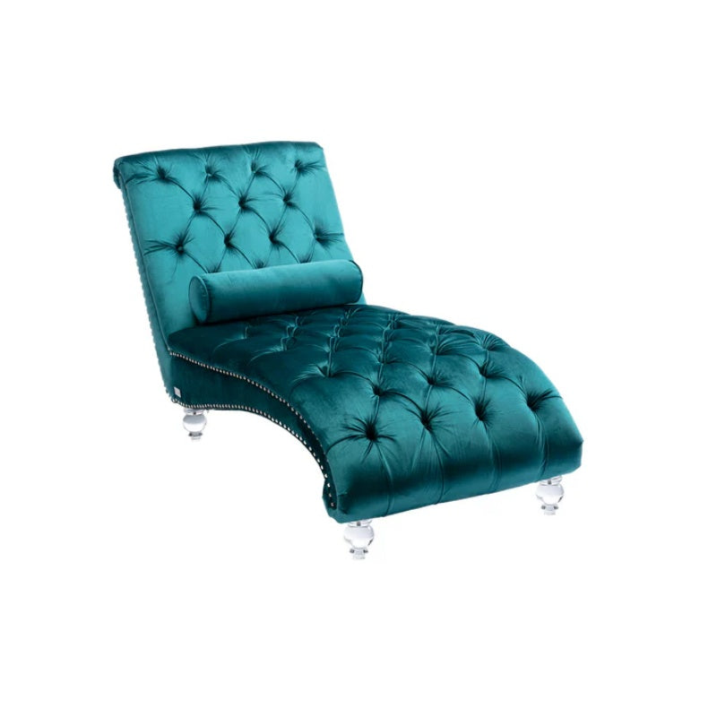 Velvet Chaise Lounge Indoor, Button-Tufted Upholstered Chaise Lounge Chair with Pillow, Teal Velvet, 63.38 inch-海智集-Default-