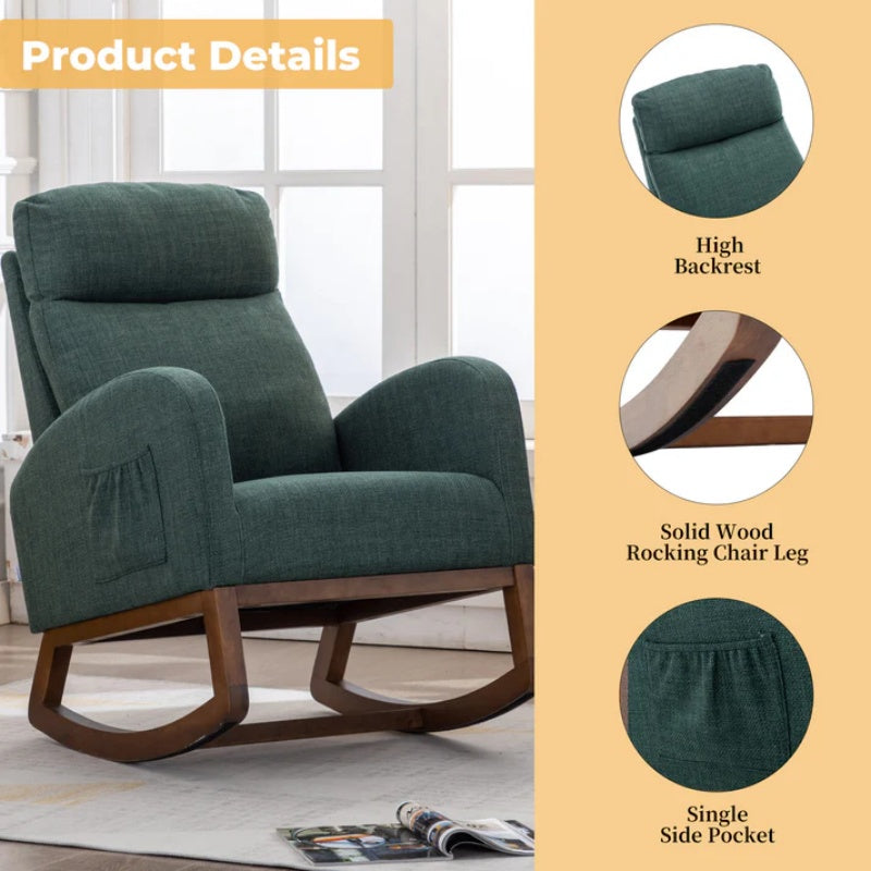 Rocking Chair, Modern Glider Chair, Recliner Armchair with Wood Legs and Side Pocket, Nursery Rocking Accent Chair with High Back for Living Room Bedroom (Emerald linen)-海智集-Default-