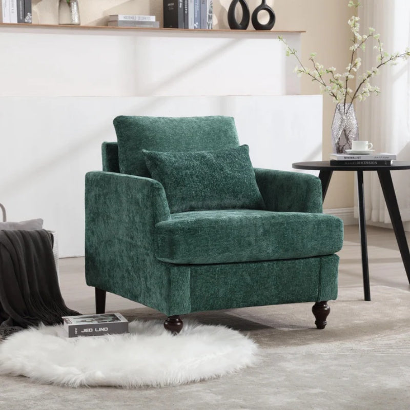 Modern Mid Century Wood Frame Armchair with Tufted Design in Emerald Chenille-海智集-Default-