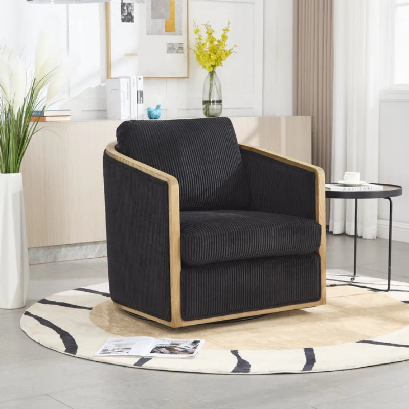 Corduroy Swivel Barrel Chair, Comfortable Accent Sofa Chair, 360 Degree Swivel, Black, Corduroy, 30.12'' x 35.04'' x 30.31''-海智集-Default-