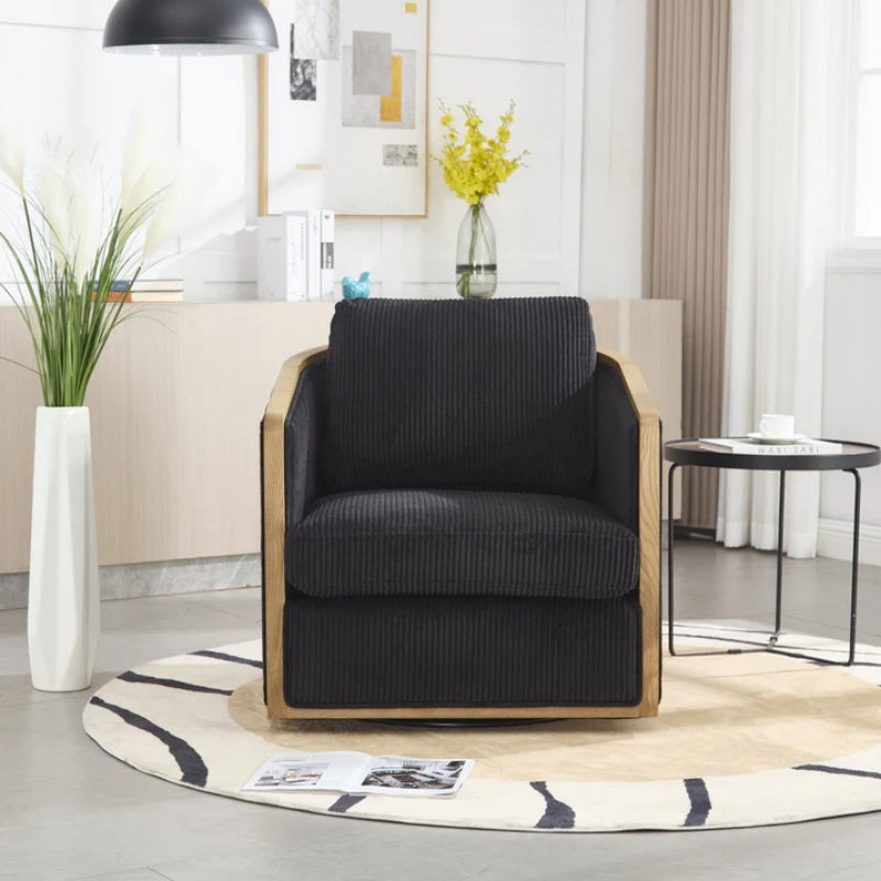 Corduroy Swivel Barrel Chair, Comfortable Accent Sofa Chair, 360 Degree Swivel, Black, Corduroy, 30.12'' x 35.04'' x 30.31''-海智集-Default-