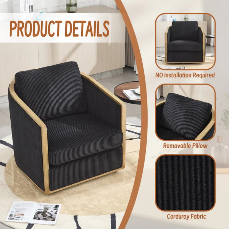 Corduroy Swivel Barrel Chair, Comfortable Accent Sofa Chair, 360 Degree Swivel, Black, Corduroy, 30.12'' x 35.04'' x 30.31''-海智集-Default-