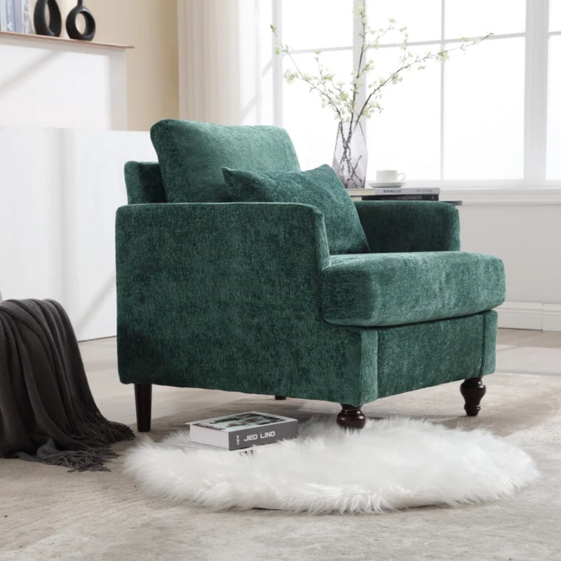Modern Mid Century Wood Frame Armchair with Tufted Design in Emerald Chenille-海智集-Default-