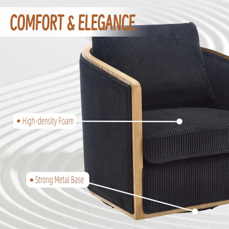 Corduroy Swivel Barrel Chair, Comfortable Accent Sofa Chair, 360 Degree Swivel, Black, Corduroy, 30.12'' x 35.04'' x 30.31''-海智集-Default-
