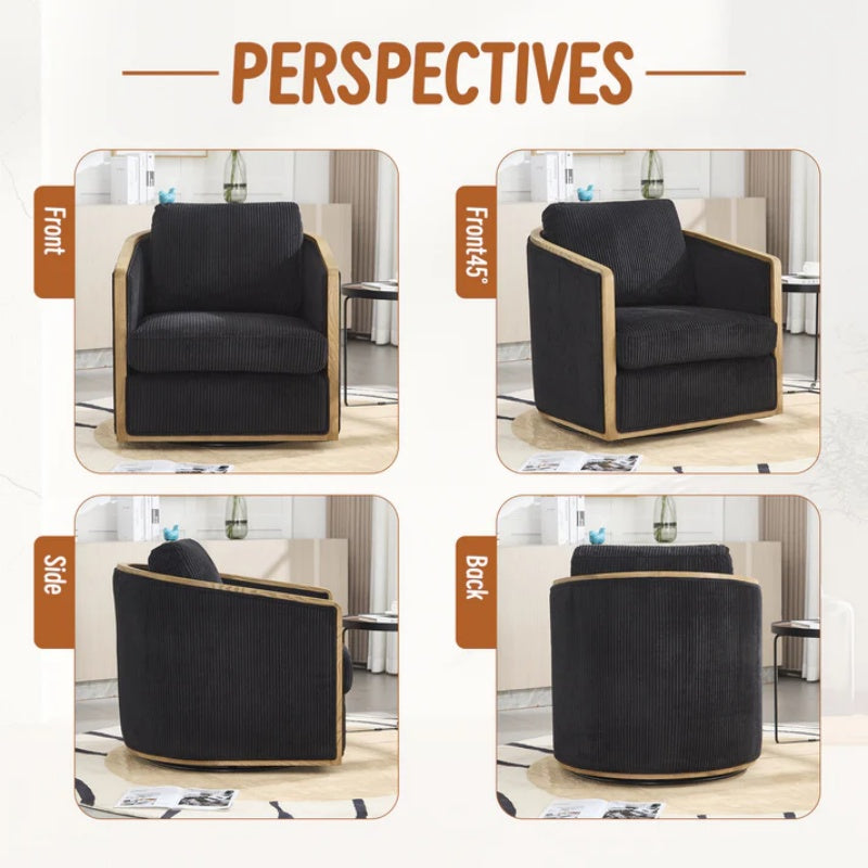 Corduroy Swivel Barrel Chair, Comfortable Accent Sofa Chair, 360 Degree Swivel, Black, Corduroy, 30.12'' x 35.04'' x 30.31''-海智集-Default-