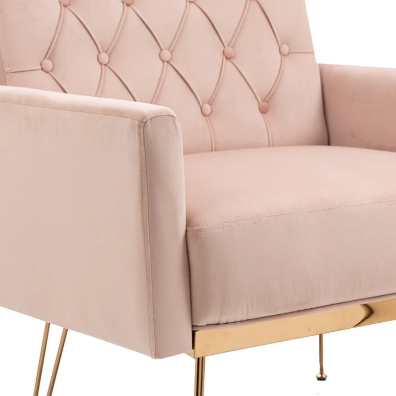 COOLMORE Velvet Armchair Single Sofa Modern Tufted Upholstered Side Reading Chairs with Arm and Gold Metal Leg for Living Room Bedroom (Pink)-海智集-Default-