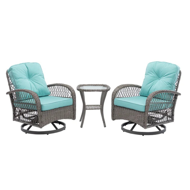 3 Pieces Outdoor Swivel Rocker Patio Chairs, 360 Degree Rocking Patio Conversation Set with Thickened Cushions and Glass Coffee Table for Backyard, Blue-海智集-Default-