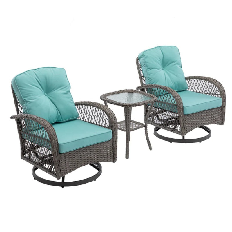 3 Pieces Outdoor Swivel Rocker Patio Chairs, 360 Degree Rocking Patio Conversation Set with Thickened Cushions and Glass Coffee Table for Backyard, Blue-海智集-Default-