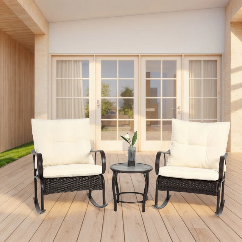 3 Pieces Patio Furniture Set Rocking Bistro Set Outdoor Rattan Conversation with Coffee Table for Garden Balcony Backyard Poolside-海智集-Default-