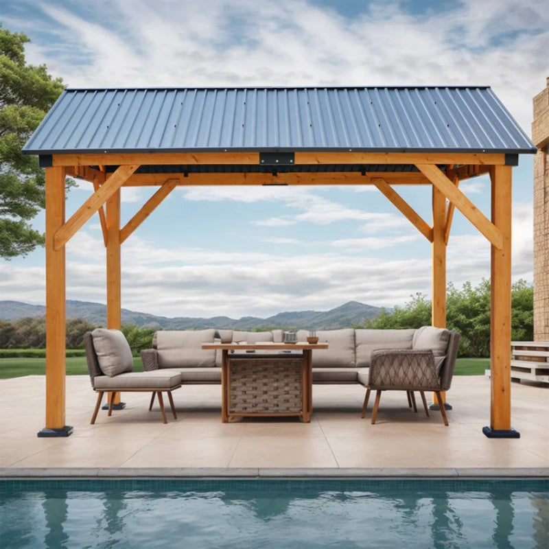 Fir Wood Carport Pavilion Gazebo, Shade, Rain, Hard Top Steel Metal Roof, All Weather Protected, with Galvanized Steel Roof, Wooden Frame-海智集-Default-