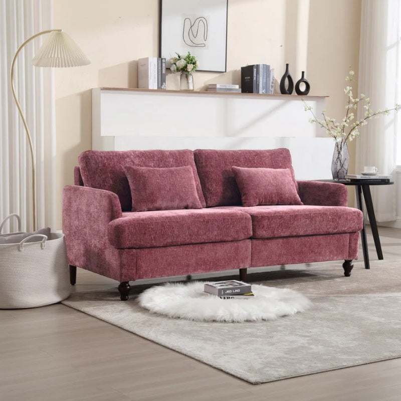 Mid Century Modern Chenille Fabric Loveseat Sofa, 2-Seat Upholstered Couch with Brown Wood Feet, Wine Red-海智集-Default-
