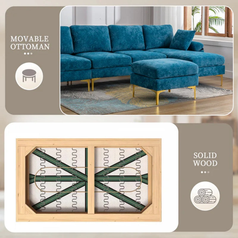 COOLMORE U-shape sectional sofa with Ottoman , Reversible Sofa Couch for Living Room,Spacious Furniture,Durable Couch Removable and machine washable cover (Light Blue Velvet)-海智集-Default-
