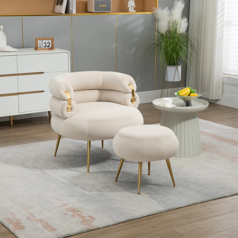 COOLMORE Upholstered Velvet Barrel Accent Chair with Ottoman,Accent Comfy Lounge Arm Chair and Footrest Stool Set,Single Sofa Armchair with Lounge Seat for Bedroom,Office (Beige)-海智集-Default-