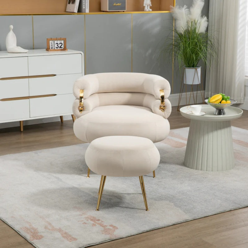 COOLMORE Upholstered Velvet Barrel Accent Chair with Ottoman,Accent Comfy Lounge Arm Chair and Footrest Stool Set,Single Sofa Armchair with Lounge Seat for Bedroom,Office (Beige)-海智集-Default-