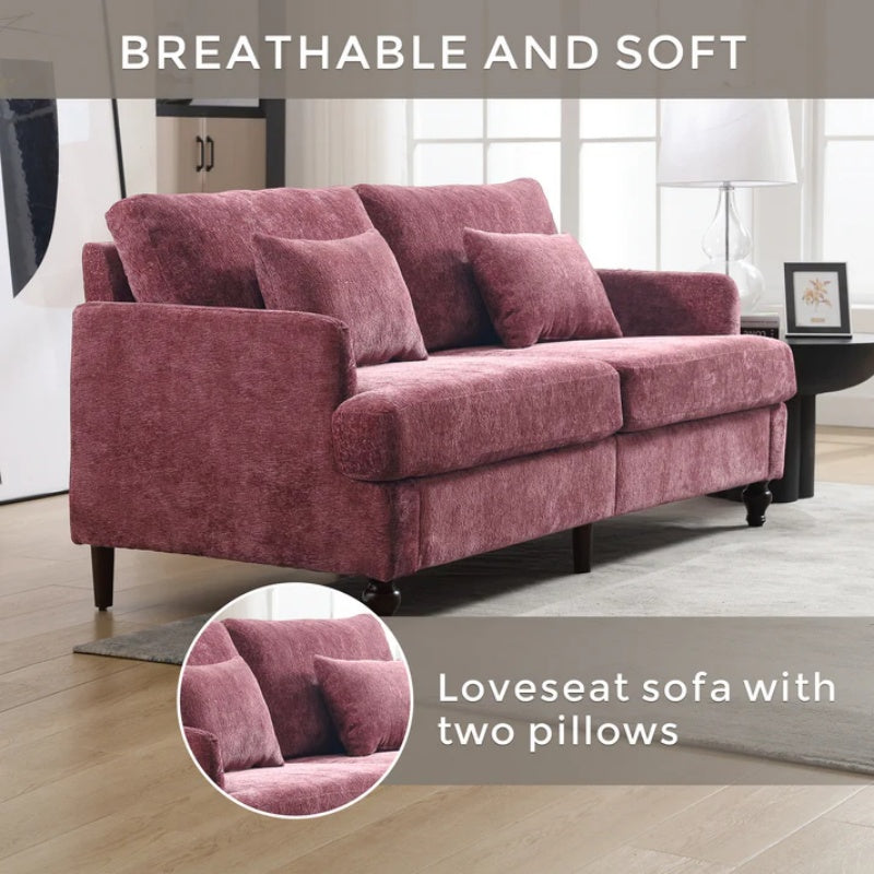 Mid Century Modern Chenille Fabric Loveseat Sofa, 2-Seat Upholstered Couch with Brown Wood Feet, Wine Red-海智集-Default-