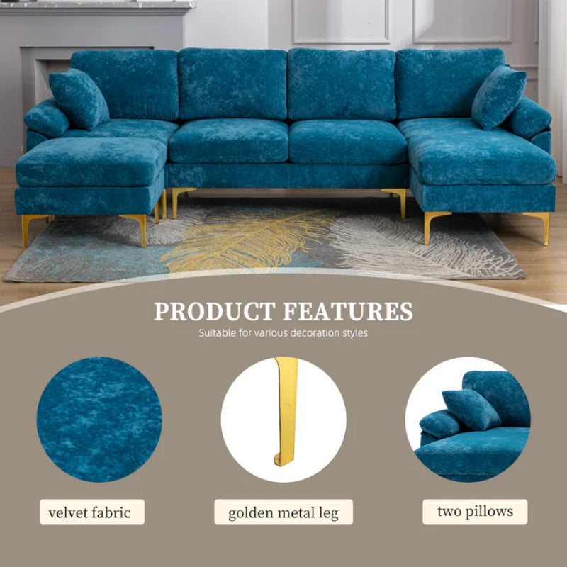 COOLMORE U-shape sectional sofa with Ottoman , Reversible Sofa Couch for Living Room,Spacious Furniture,Durable Couch Removable and machine washable cover (Light Blue Velvet)-海智集-Default-