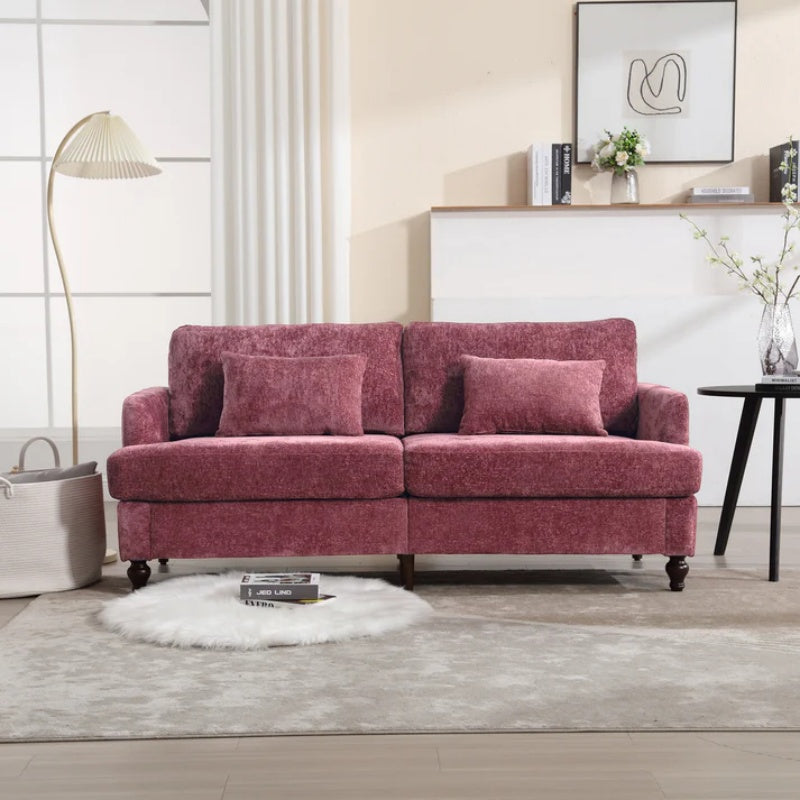 Mid Century Modern Chenille Fabric Loveseat Sofa, 2-Seat Upholstered Couch with Brown Wood Feet, Wine Red-海智集-Default-