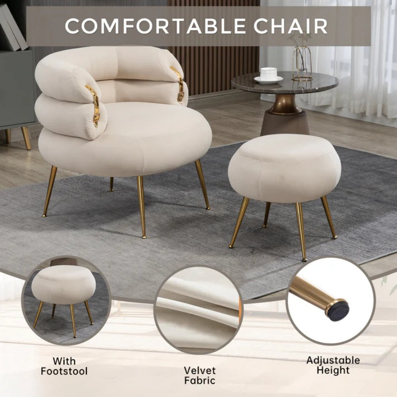 COOLMORE Upholstered Velvet Barrel Accent Chair with Ottoman,Accent Comfy Lounge Arm Chair and Footrest Stool Set,Single Sofa Armchair with Lounge Seat for Bedroom,Office (Beige)-海智集-Default-