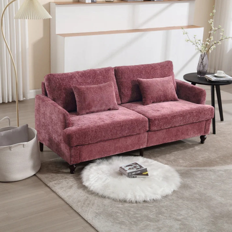 Mid Century Modern Chenille Fabric Loveseat Sofa, 2-Seat Upholstered Couch with Brown Wood Feet, Wine Red-海智集-Default-