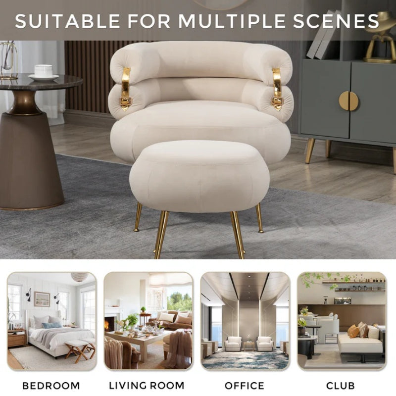 COOLMORE Upholstered Velvet Barrel Accent Chair with Ottoman,Accent Comfy Lounge Arm Chair and Footrest Stool Set,Single Sofa Armchair with Lounge Seat for Bedroom,Office (Beige)-海智集-Default-