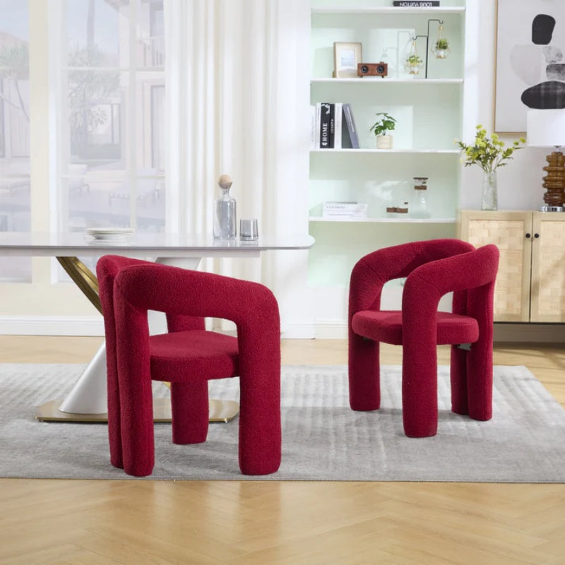 Contemporary Upholstered Accent/Dining Chair Set of 2 - Red Teddy Velvet Fabric with Sturdy Steel Frame-海智集-Default-
