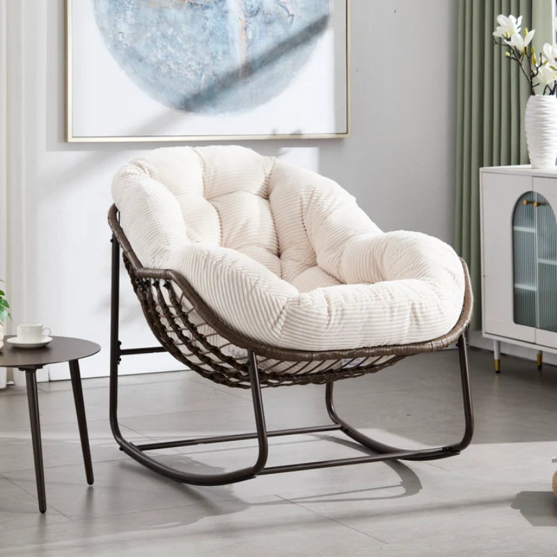 Outdoor Rattan Rocking Chair,Padded Cushion Rocker Recliner Chair Outdoor for Front Porch, Living Room, Patio, Garden, White-海智集-Default-