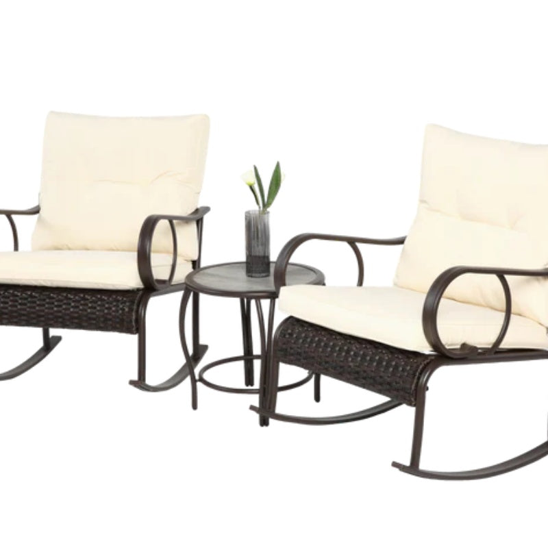 3 Pieces Patio Furniture Set Rocking Bistro Set Outdoor Rattan Conversation with Coffee Table for Garden Balcony Backyard Poolside-海智集-Default-