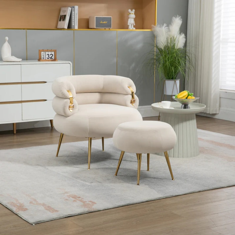 COOLMORE Upholstered Velvet Barrel Accent Chair with Ottoman,Accent Comfy Lounge Arm Chair and Footrest Stool Set,Single Sofa Armchair with Lounge Seat for Bedroom,Office (Beige)-海智集-Default-