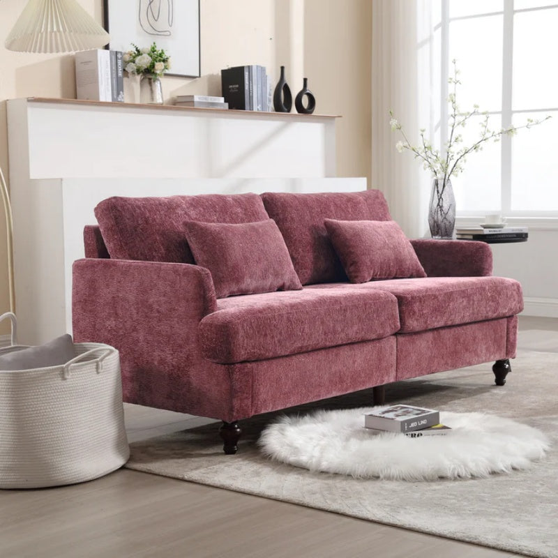 Mid Century Modern Chenille Fabric Loveseat Sofa, 2-Seat Upholstered Couch with Brown Wood Feet, Wine Red-海智集-Default-