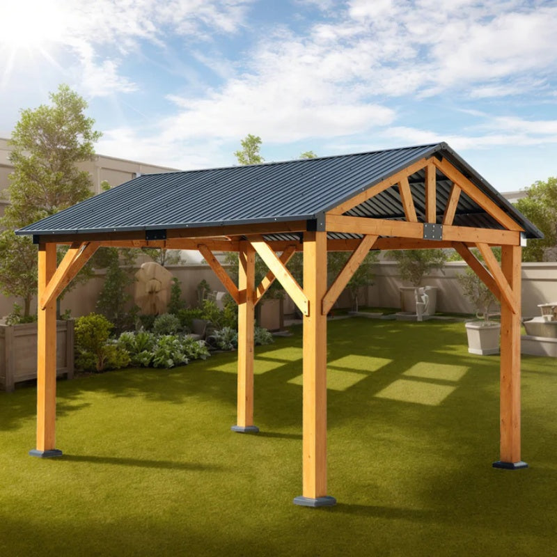 Fir Wood Carport Pavilion Gazebo, Shade, Rain, Hard Top Steel Metal Roof, All Weather Protected, with Galvanized Steel Roof, Wooden Frame-海智集-Default-