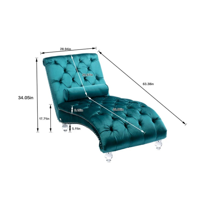 Velvet Chaise Lounge Indoor, Button-Tufted Upholstered Chaise Lounge Chair with Pillow, Teal Velvet, 63.38 inch-海智集-Default-