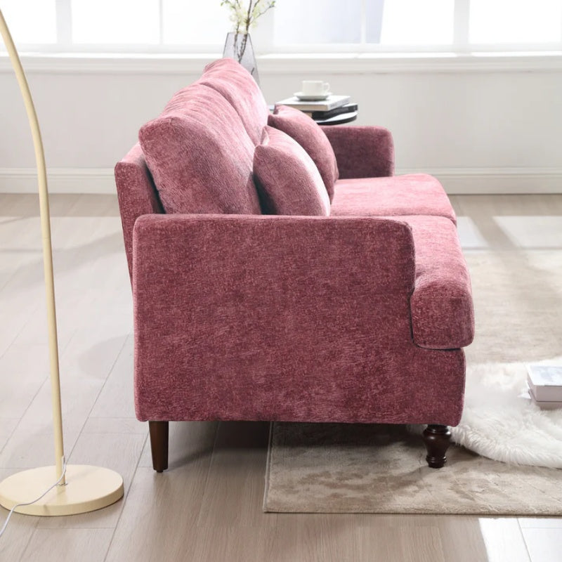 Mid Century Modern Chenille Fabric Loveseat Sofa, 2-Seat Upholstered Couch with Brown Wood Feet, Wine Red-海智集-Default-