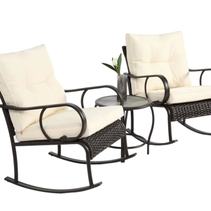 3 Pieces Patio Furniture Set Rocking Bistro Set Outdoor Rattan Conversation with Coffee Table for Garden Balcony Backyard Poolside-海智集-Default-