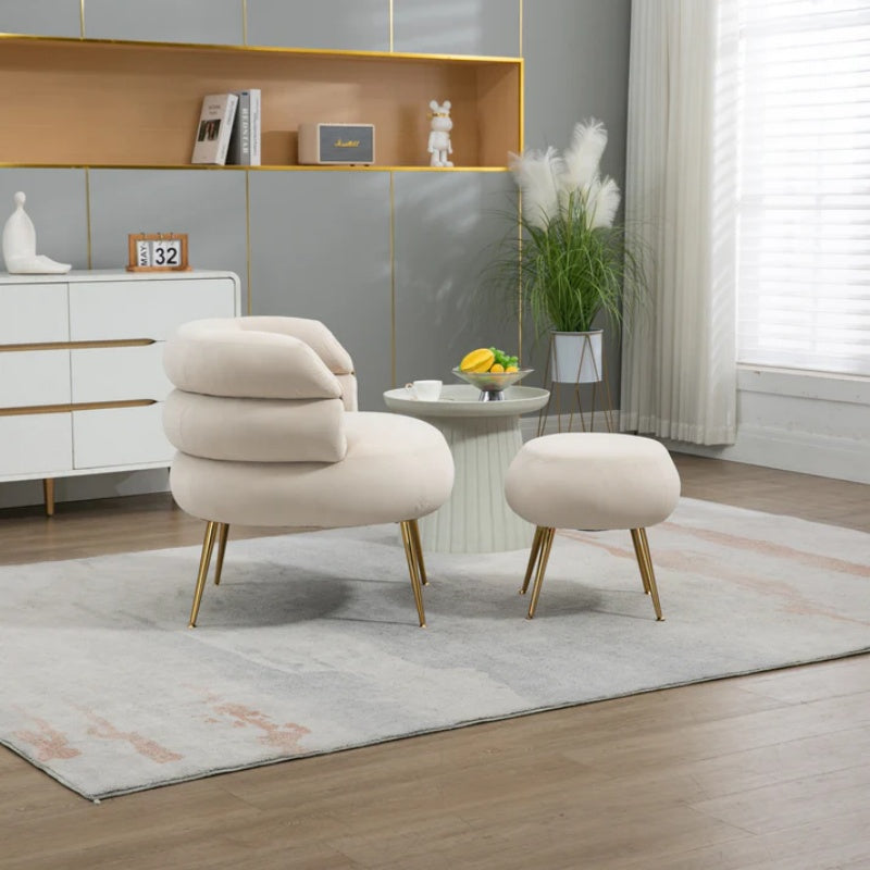 COOLMORE Upholstered Velvet Barrel Accent Chair with Ottoman,Accent Comfy Lounge Arm Chair and Footrest Stool Set,Single Sofa Armchair with Lounge Seat for Bedroom,Office (Beige)-海智集-Default-