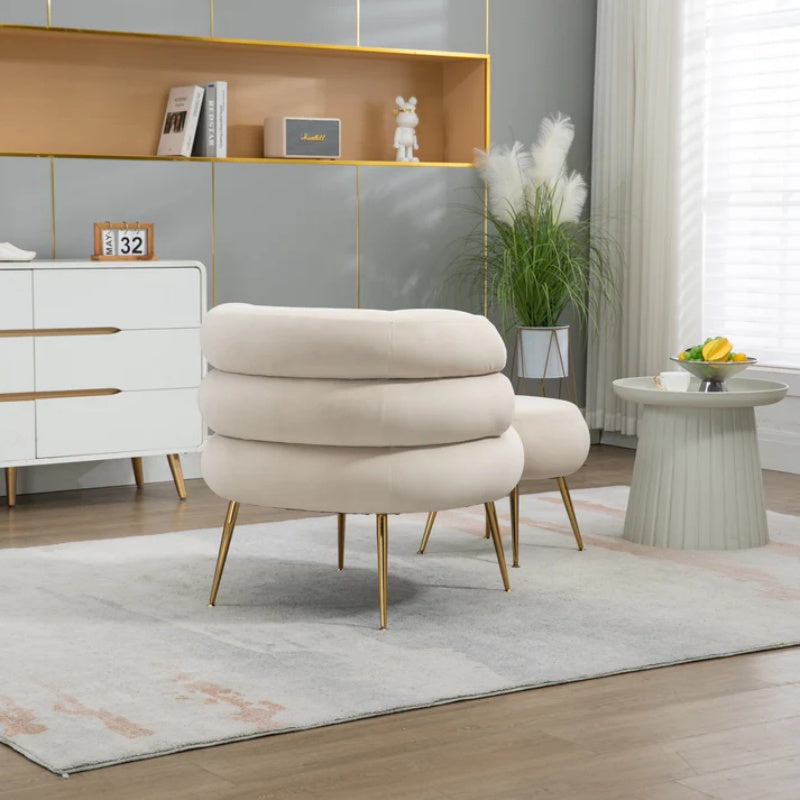 COOLMORE Upholstered Velvet Barrel Accent Chair with Ottoman,Accent Comfy Lounge Arm Chair and Footrest Stool Set,Single Sofa Armchair with Lounge Seat for Bedroom,Office (Beige)-海智集-Default-